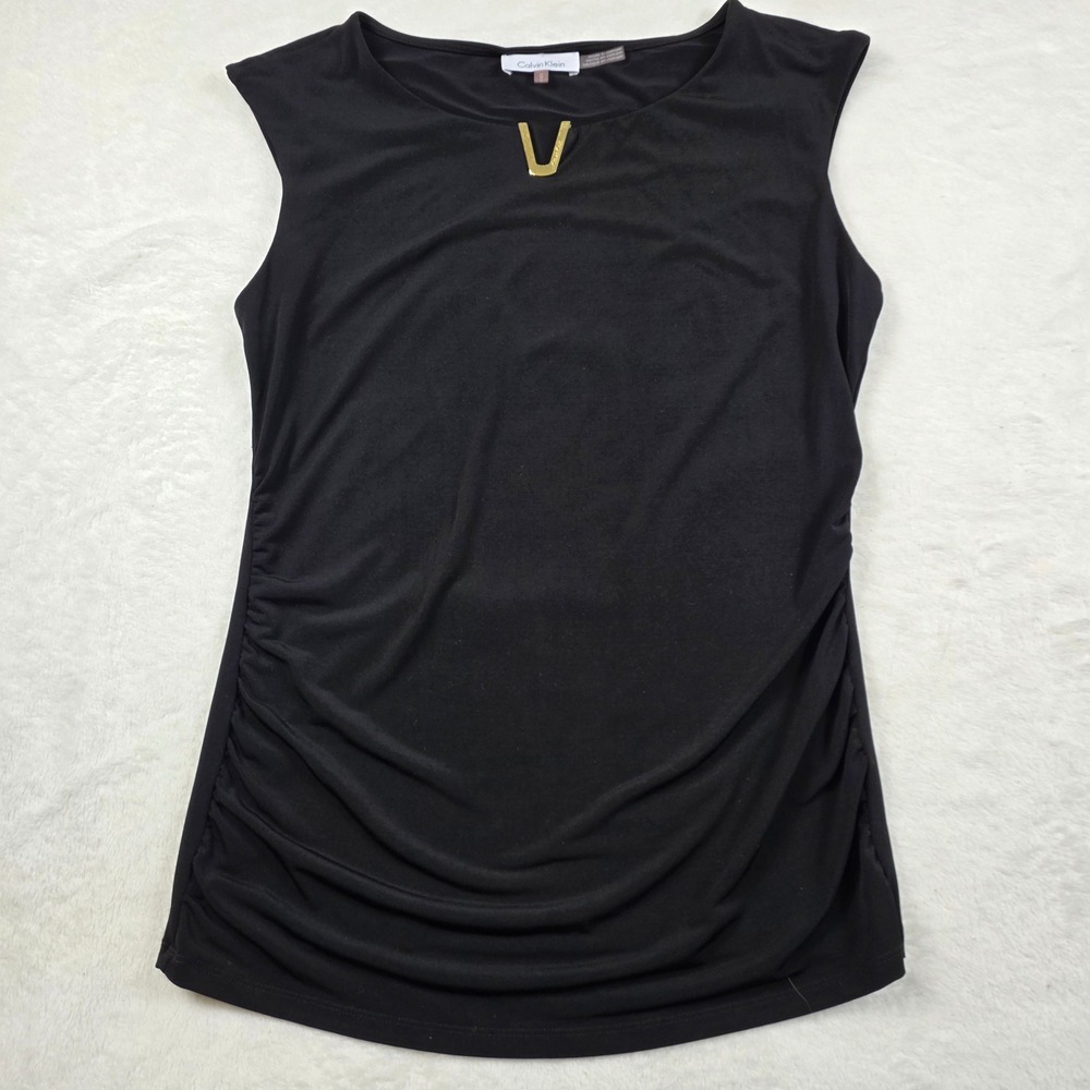Calvin Klein Ruched Sleeveless Top Womens Medium Black Excellent Gold Hardware